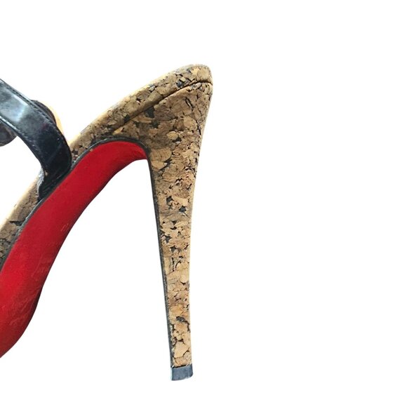 Christian Louboutin Black Patent Leather Cork Peep-Toe Stilettos Heels size 38.5 - Picture 11 of 12